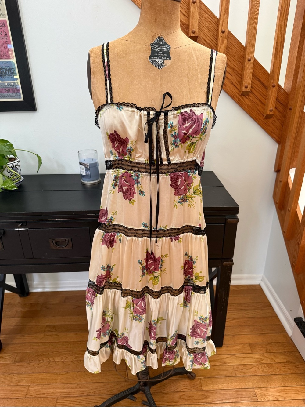 Betsey Johnson Cream Silk Dress with Pink Rose Print and Black Lace Trim